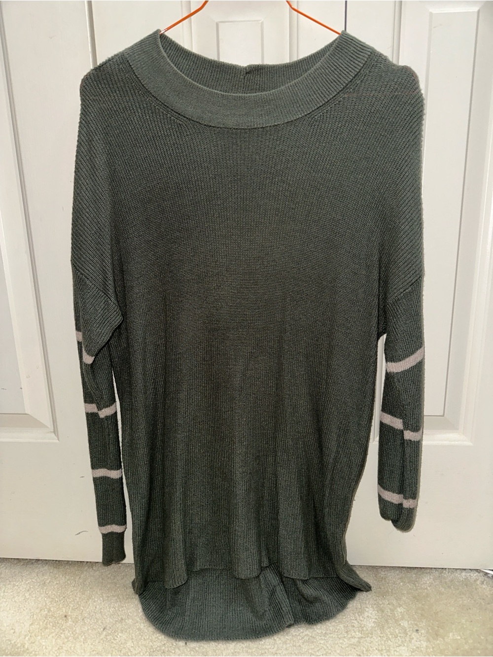 Relaxed Olive Green Knit Sweater with Stripe Sleeve Detail